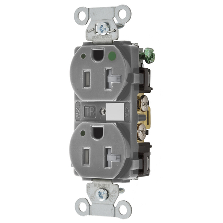 HUBBELL WIRING DEVICE-KELLEMS Straight Blade Devices, Tamper Resistant Duplex Receptacle, Hospital Grade, Hubbell-Pro, LED Indicator, 20A 125V, 2-Pole 3-Wire Grounding, 5-20R, Gray 8300GYLTRA